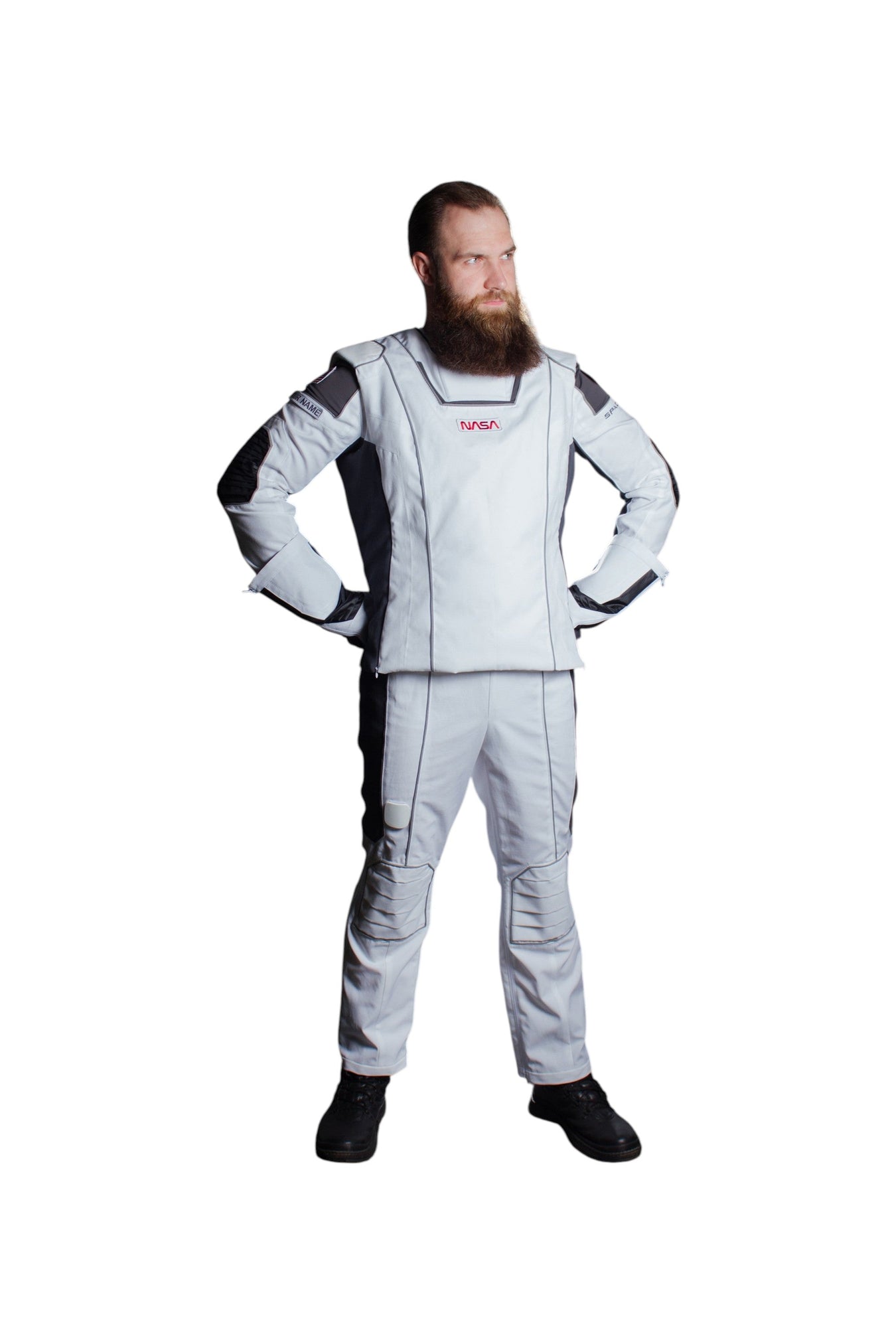 SpaceX inspired astronaut cosplay costume with futuristic white space suit design