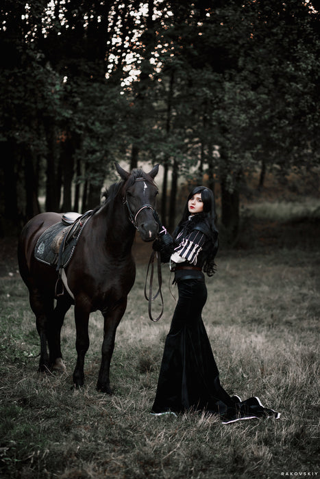 Yennefer inspired Witcher cosplay costume with black jacket and leather details