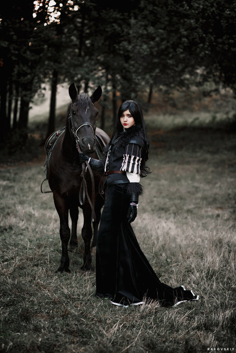 Yennefer inspired Witcher cosplay costume with black jacket and leather details