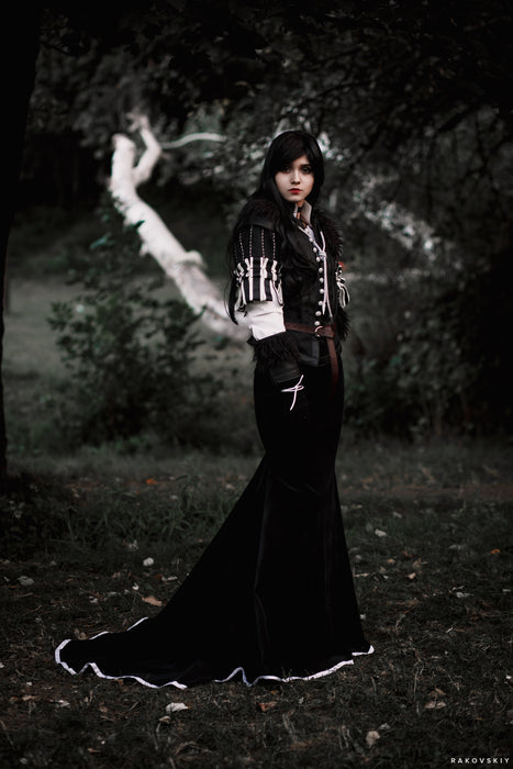 Yennefer inspired Witcher cosplay costume with black jacket and leather details