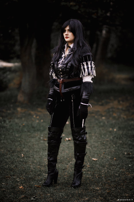 Yennefer inspired Witcher cosplay costume with black jacket and leather details