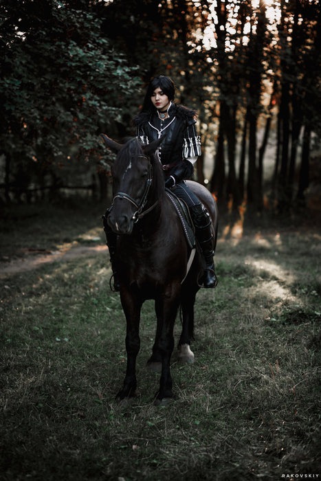 Yennefer inspired Witcher cosplay costume with black jacket and leather details