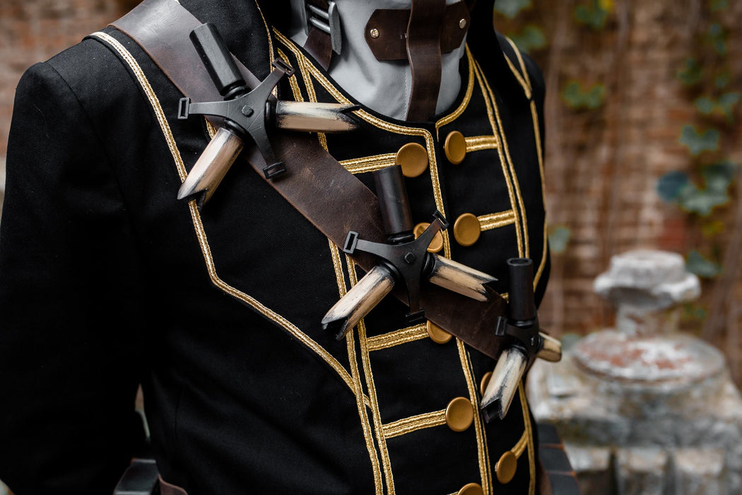 Corvo Attano inspired cosplay costume with hood mask and leather accessories