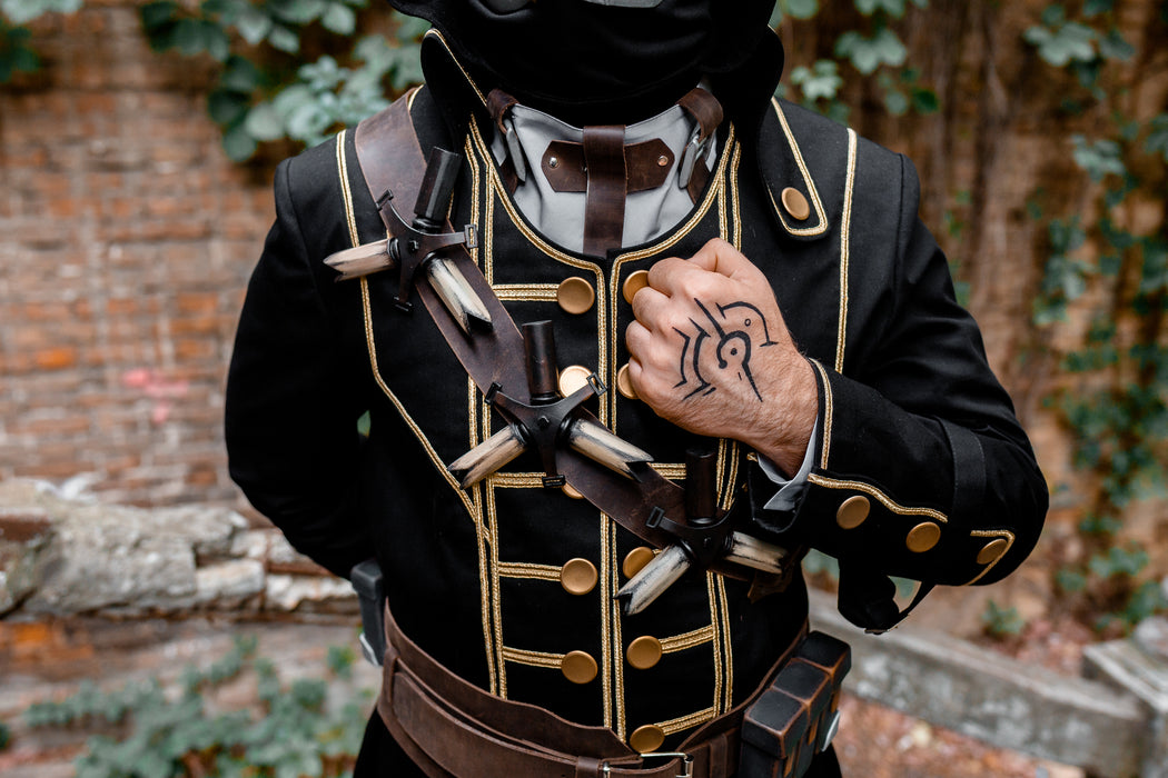 Corvo Attano inspired cosplay costume with hood mask and leather accessories