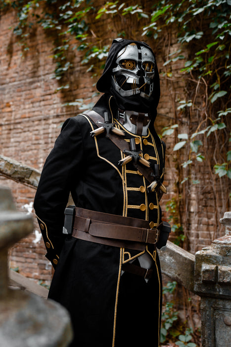 Corvo Attano inspired cosplay costume with hood mask and leather accessories